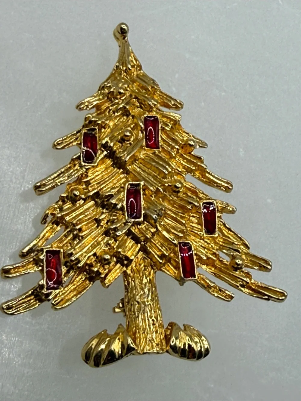 Vintage LIA Gold-tone Christmas Tree Brooch with Red enamel ornaments
